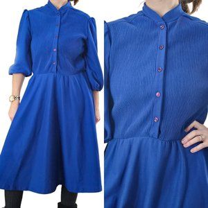 Large Casual Royal Blue Popover Midi Dress Fit N‎ Flare  Ribbed Mockneck Simple